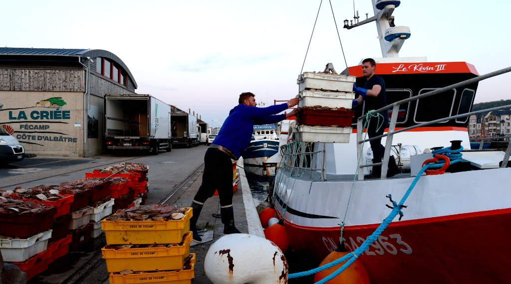 Pêcheurs déchargeant des caisses de poissons depuis un bateau à la Criée de Fécamp, aube sur le port